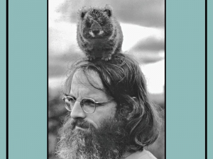 Book cover with the words "I remember Africa, a field biologists half-century perspective, and a photo of Thomas Struhsaker with a wombat on his head