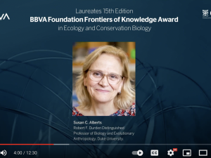 Flyer with Susan Alberts headshot and the words "Laureates 15th edition, BBVA foundation frontiers of knowledge award in ecology and evolution"